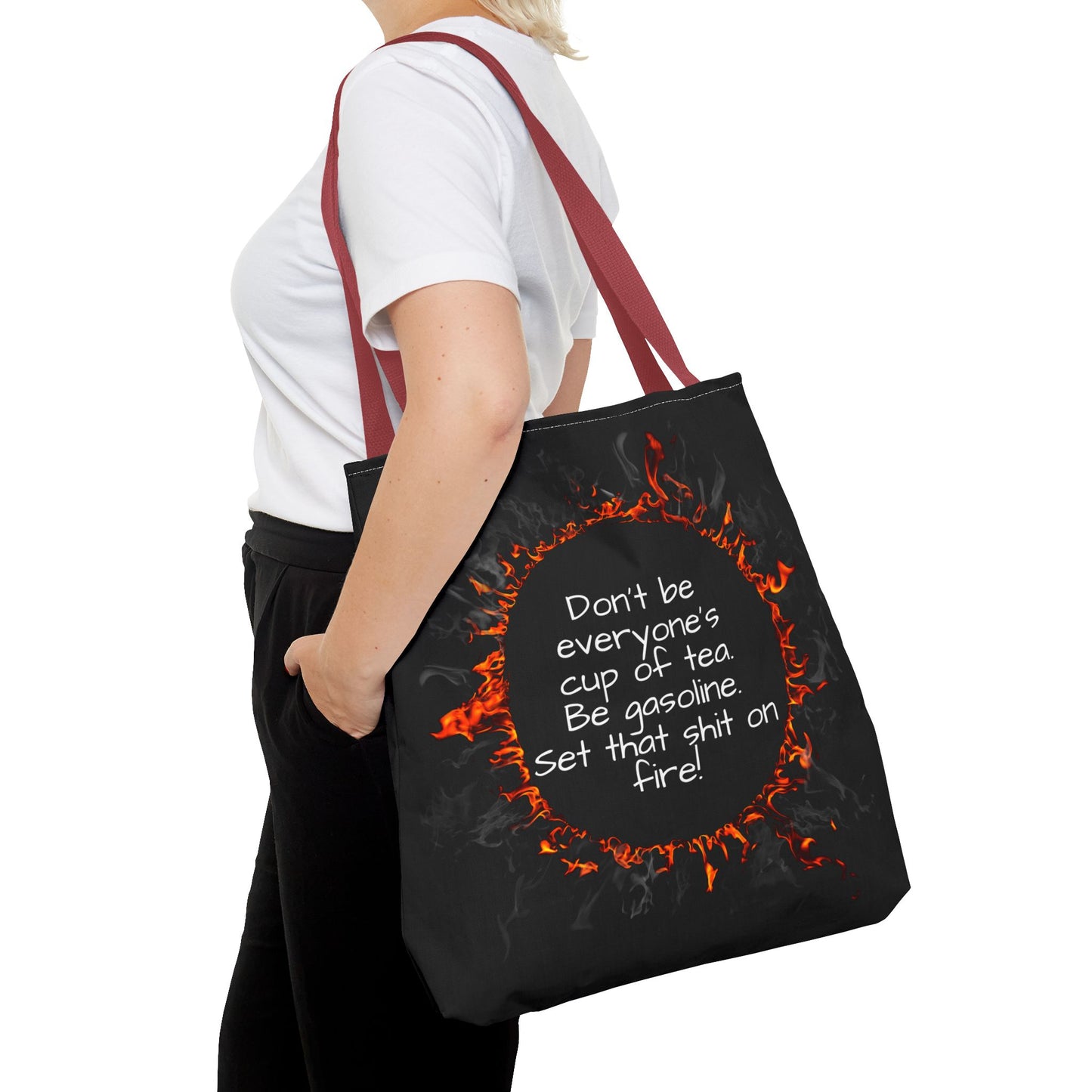 Motivational Be Gasoline Tote Bag, Durable All Over Print Polyester Bag, Funny Inspirational Gift for Travel, Gym, or Casual Use