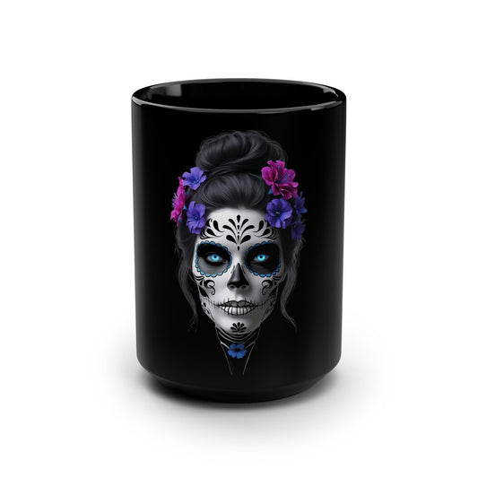 Day of the Dead Mug (Black) 15oz, Skull Coffee Cup, Floral Ceramic Mug, Unique Gift for Her, Halloween Decor