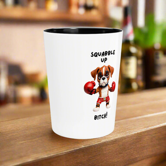 Shot Glass Squabble Up Boxer Dog Design, Funny Whiskey Glass Gift for Dog Lovers, Durable 2oz Drinking Glass, Unique Barware Accessory