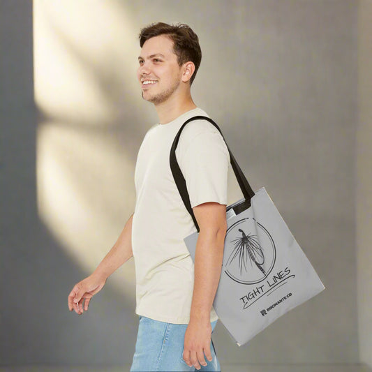 Tight Lines Tote Bag Grey - Durable Fishing Gift, Canvas Beach, Reusable Market Shopping Bag, Casual Everyday Carry Tote