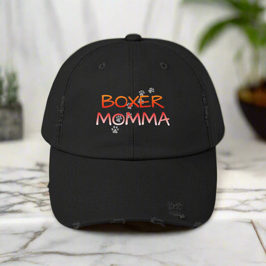 Boxer Momma Distressed Hat - Vintage Style Baseball Cap for Dog Lovers, Adjustable Cotton Dad Hat, Gift for Boxer Mom