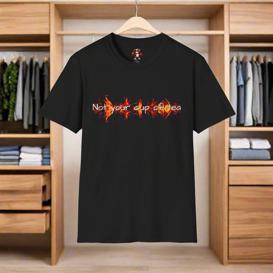 Black t-shirt with fiery text design on a white background