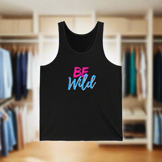 Black tank top with 'BE Wild' text in pink and blue on a white background