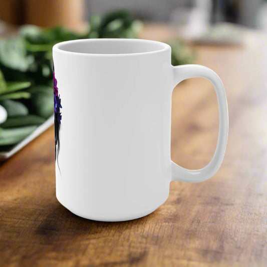 White mug with a colorful design on a white background