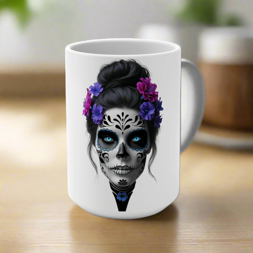 White mug with a design of a skull with floral headband on a white background