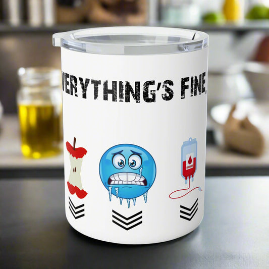 White tumbler with cartoon characters and 'Everything's Fine' text on a white background