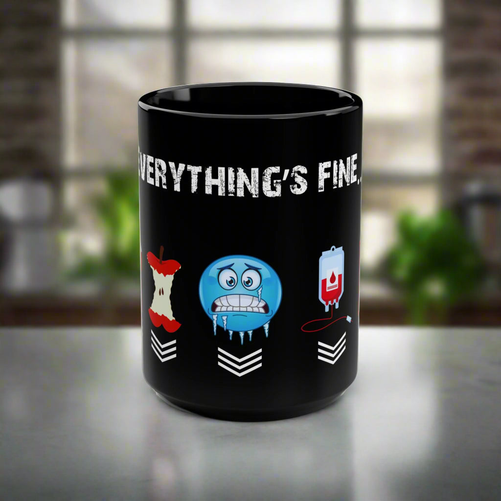 Black mug with 'Everything's Fine' text and cartoon characters on a white background