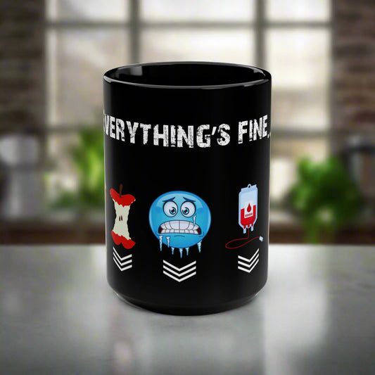 Black mug with 'Everything's Fine' text and cartoon characters on a white background
