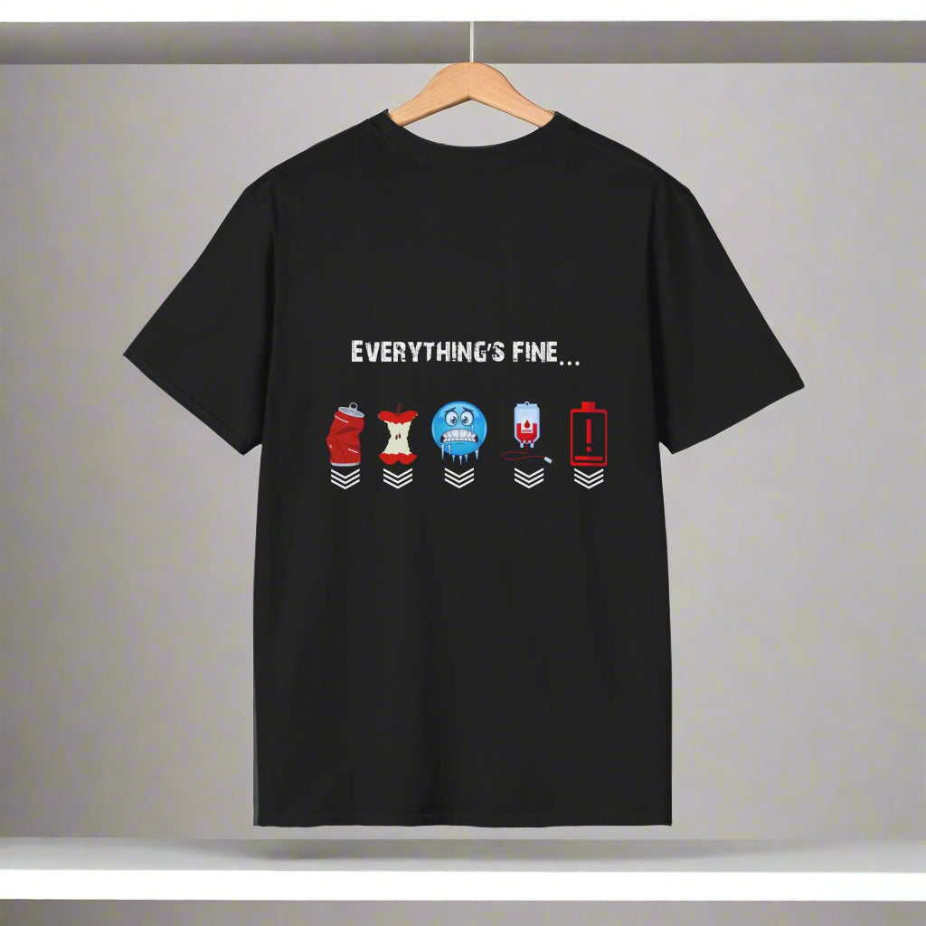 Black t-shirt with text and icons on a white background