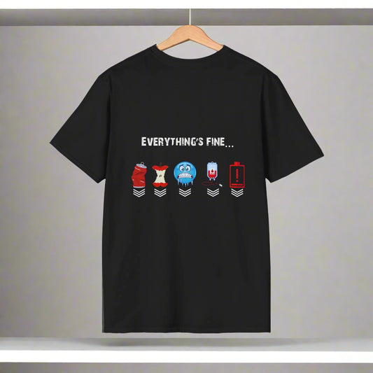Black t-shirt with text and icons on a white background