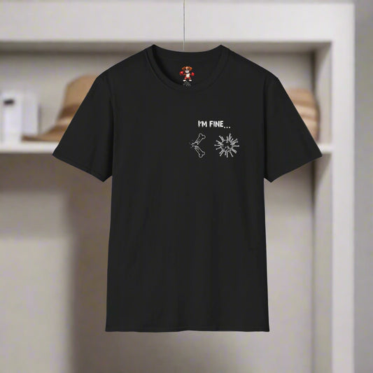 Black t-shirt with text and graphics on a white background
