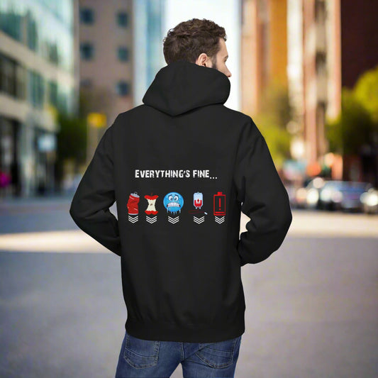 Person wearing a black hoodie with text and icons on the back, on a white background