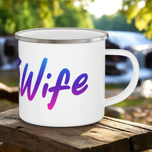 White enamel mug with 'Wife' in colorful letters on a white background