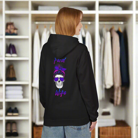 Person wearing a black hoodie with a skull design and text on the back, on a white background