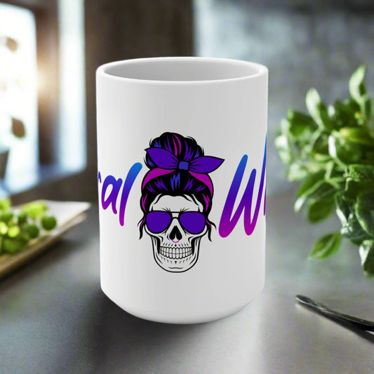 White mug with skull design and text on a white background