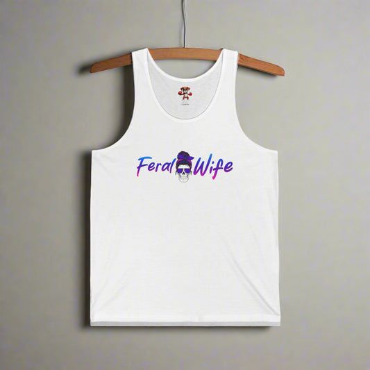 White tank top with 'Feral Wife' text and graphic on a white background
