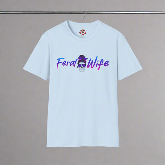 Light blue t-shirt with 'Feral Wife' graphic design on a white background