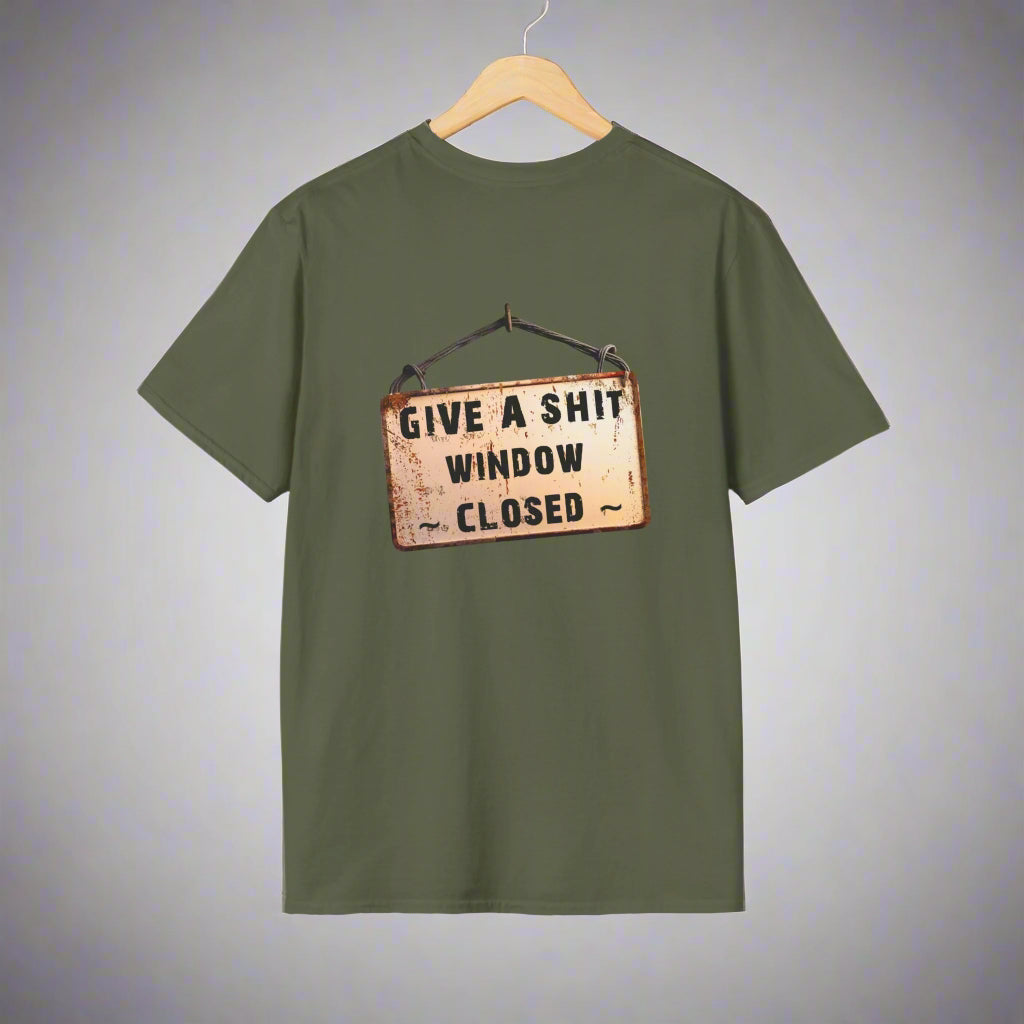 Green t-shirt with a humorous sign graphic on a white background