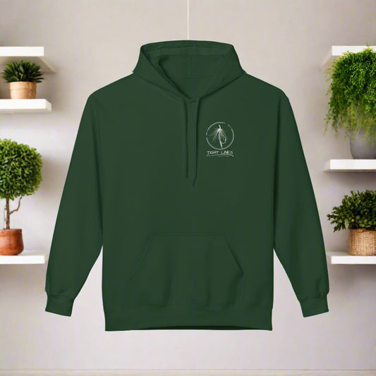 Green hoodie with a logo on the chest against a white background