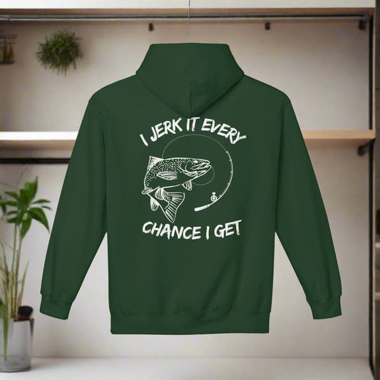Green hoodie with fishing graphic and text on the back against a white background