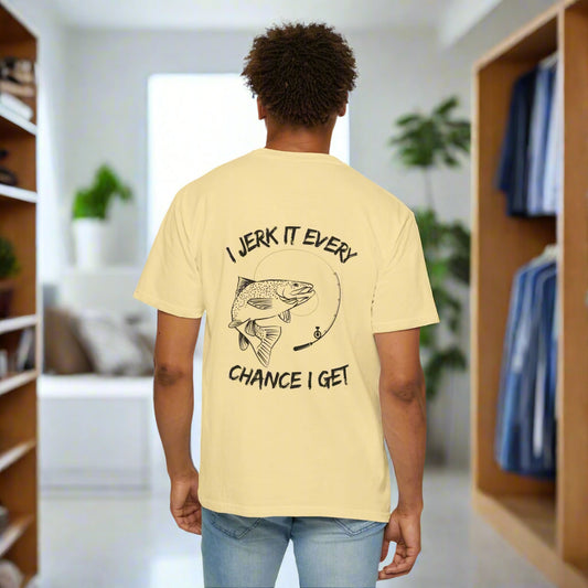 Person wearing a light yellow t-shirt with text and a fish graphic on the back, on a white background
