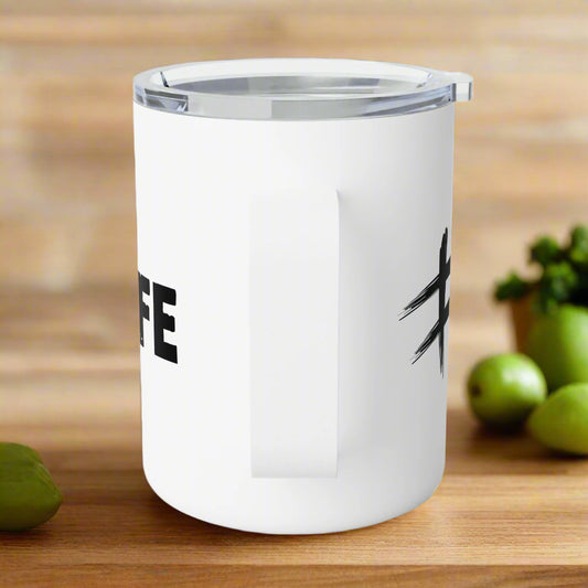 White tumbler with black text and design on a white background