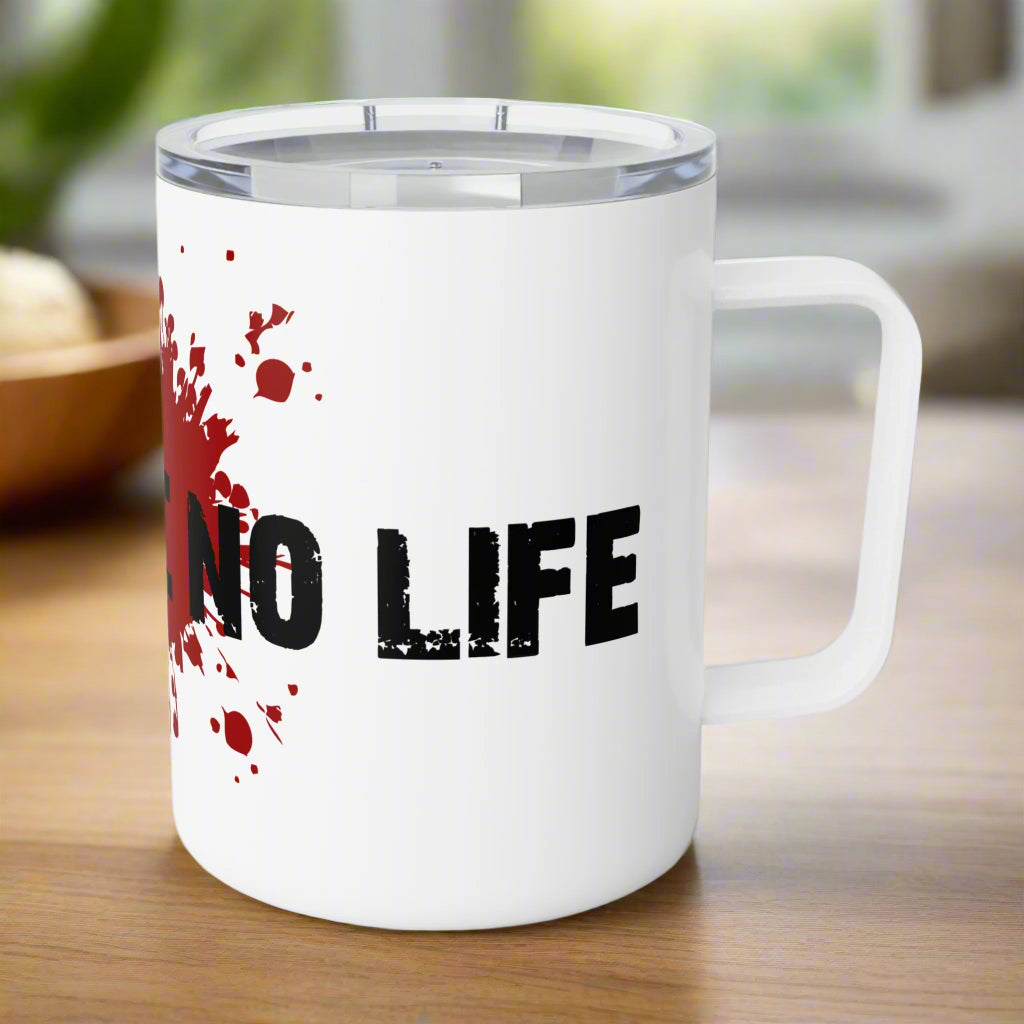 White mug with 'NO LIFE' text and red splatter design on a white background