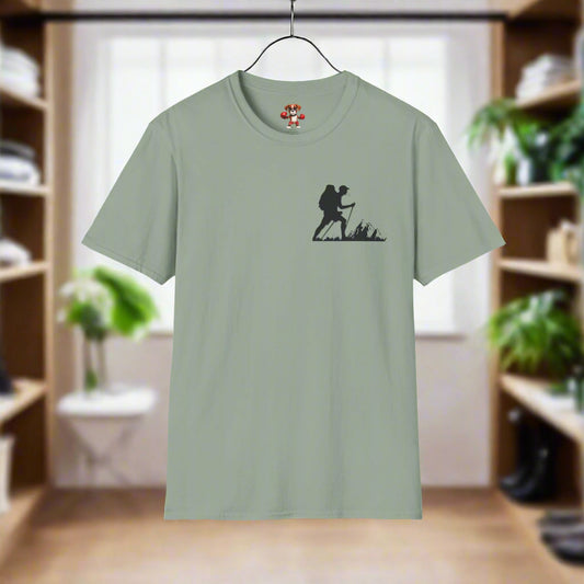 Green t-shirt with a black silhouette design on a white background