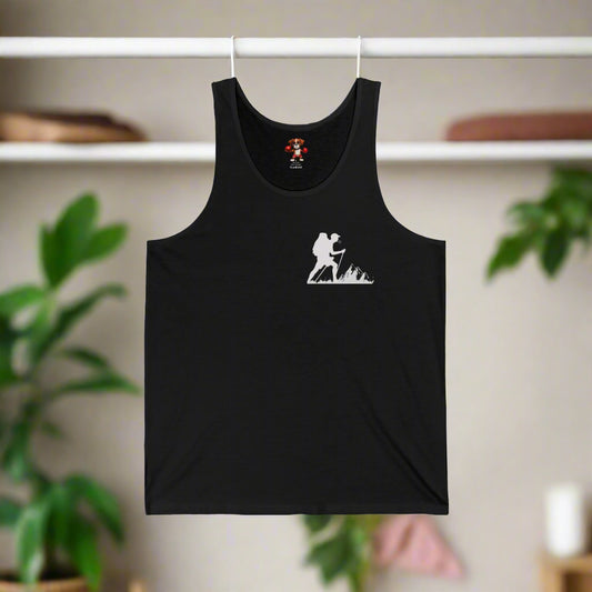 Black tank top with a white graphic on a white background