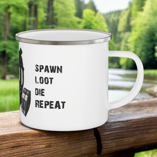 White mug with black text 'Spawn Loot Die Repeat' and a skull graphic on a white background