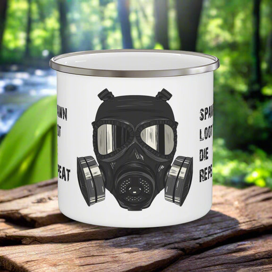 White mug with a black gas mask design and text on a white background