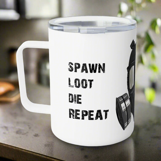 White mug with text 'Spawn Loot Die Repeat' and a graphic on a white background
