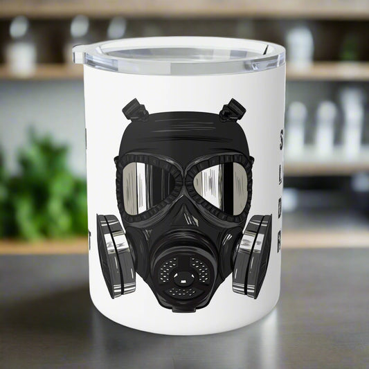 White tumbler with a black gas mask design on a white background