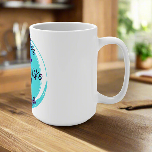 White mug with a colorful design on a white background