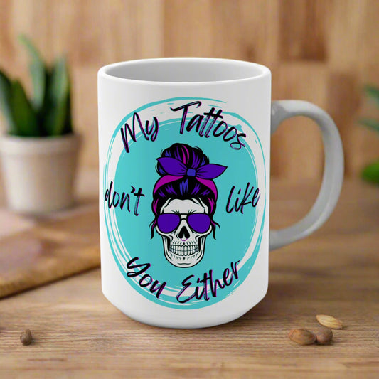 White mug with a skull design and text on a white background
