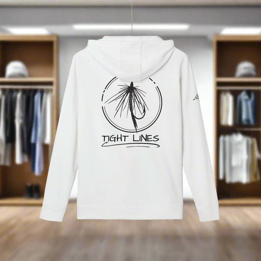 White hoodie with black graphic and text on a white background