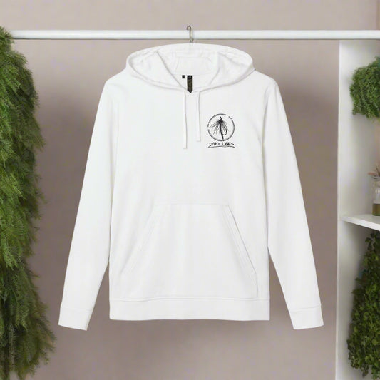White hoodie with a logo on the chest against a white background