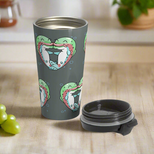 Gray travel mug with colorful heart design on a white background